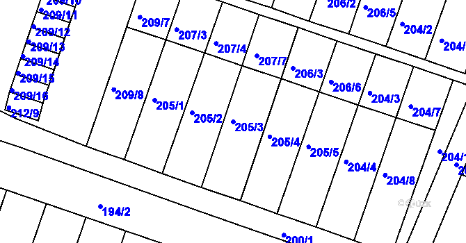 Parcela st. 205/3 v KÚ Pokratice, Katastrální mapa