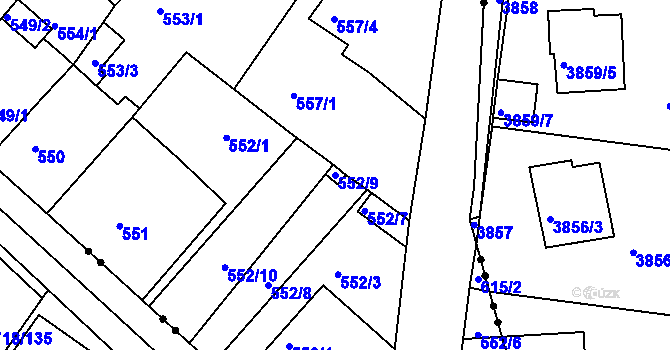 Parcela st. 552/9 v KÚ Pokratice, Katastrální mapa