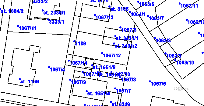 Parcela st. 1067/12 v KÚ Litomyšl, Katastrální mapa