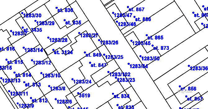 Parcela st. 1283/25 v KÚ Litomyšl, Katastrální mapa