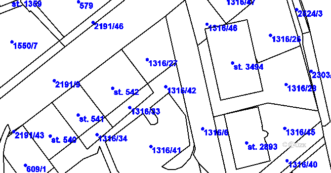 Parcela st. 1316/42 v KÚ Litomyšl, Katastrální mapa