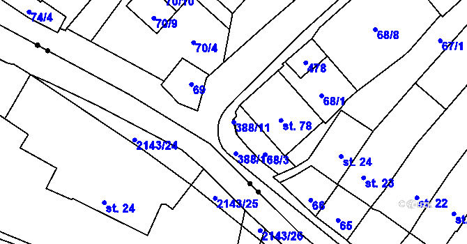 Parcela st. 388/11 v KÚ Lány u Litomyšle, Katastrální mapa