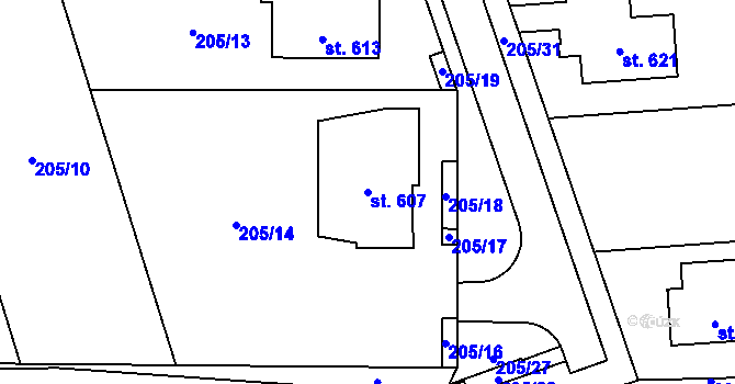 Parcela st. 607 v KÚ Záhraď, Katastrální mapa
