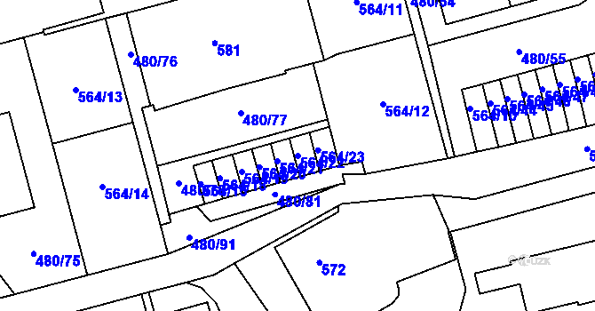 Parcela st. 564/22 v KÚ Horní Litvínov, Katastrální mapa