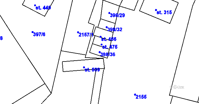 Parcela st. 398/36 v KÚ Lnáře, Katastrální mapa