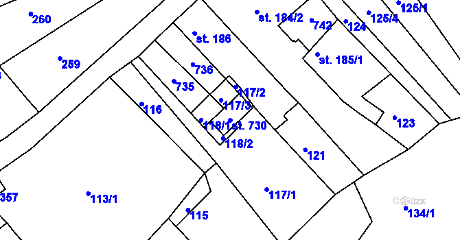 Parcela st. 730 v KÚ Lobodice, Katastrální mapa