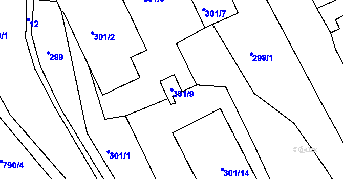 Parcela st. 301/9 v KÚ Loděnice u Berouna, Katastrální mapa
