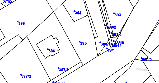 Parcela st. 385 v KÚ Loděnice u Berouna, Katastrální mapa