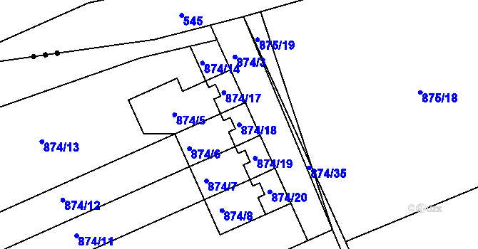 Parcela st. 874/18 v KÚ Loděnice u Berouna, Katastrální mapa