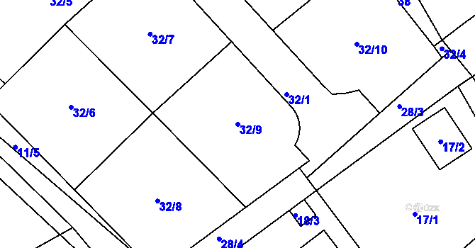 Parcela st. 32/9 v KÚ Lodenice, Katastrální mapa