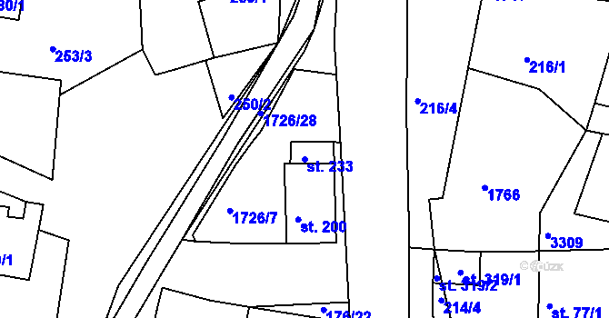 Parcela st. 233 v KÚ Lodhéřov, Katastrální mapa