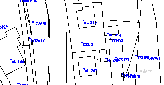 Parcela st. 222/3 v KÚ Lodhéřov, Katastrální mapa