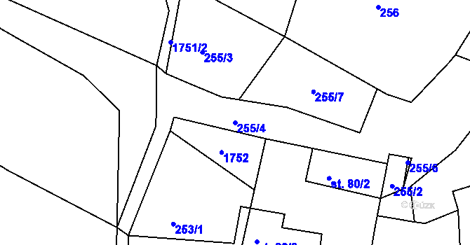 Parcela st. 255/4 v KÚ Lodhéřov, Katastrální mapa
