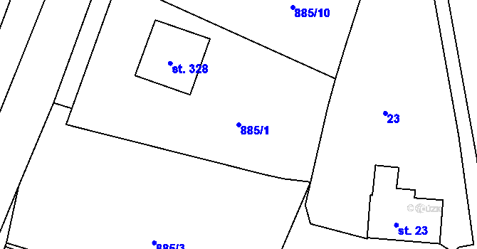 Parcela st. 885/1 v KÚ Lodhéřov, Katastrální mapa