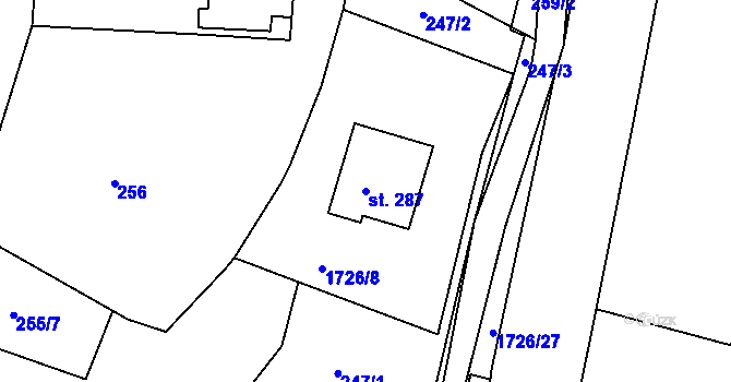 Parcela st. 287 v KÚ Lodhéřov, Katastrální mapa