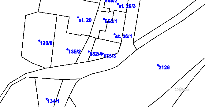 Parcela st. 135/3 v KÚ Najdek u Lodhéřova, Katastrální mapa
