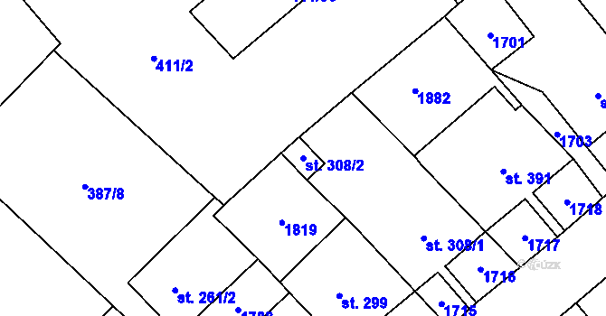 Parcela st. 308/2 v KÚ Lom u Mostu, Katastrální mapa