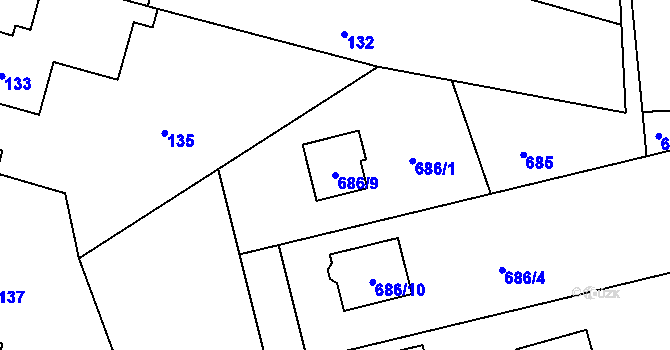 Parcela st. 686/9 v KÚ Lomnička u Tišnova, Katastrální mapa
