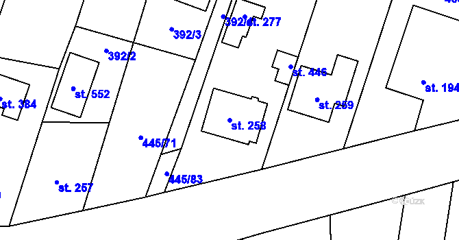 Parcela st. 258 v KÚ Losiná u Plzně, Katastrální mapa