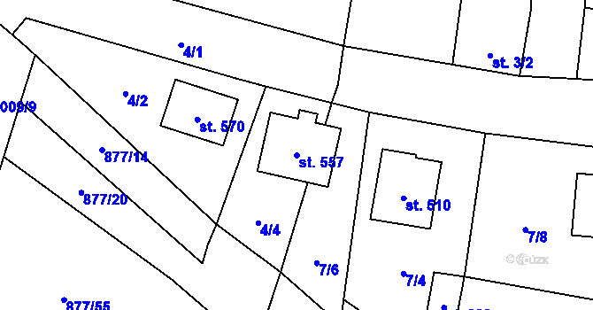 Parcela st. 557 v KÚ Losiná u Plzně, Katastrální mapa