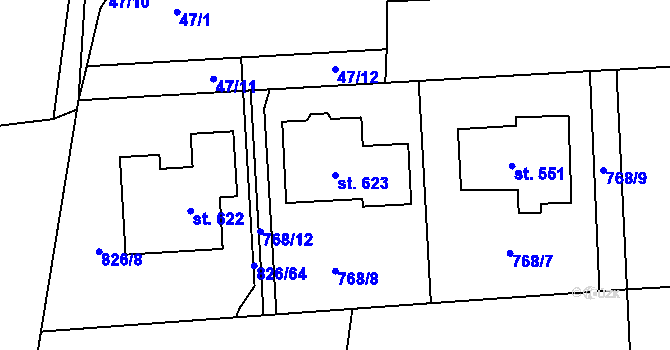 Parcela st. 623 v KÚ Losiná u Plzně, Katastrální mapa