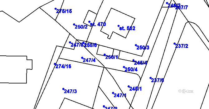 Parcela st. 250/1 v KÚ Losiná u Plzně, Katastrální mapa
