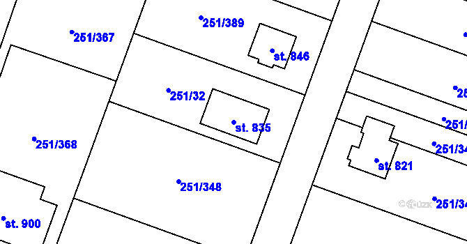 Parcela st. 835 v KÚ Losiná u Plzně, Katastrální mapa