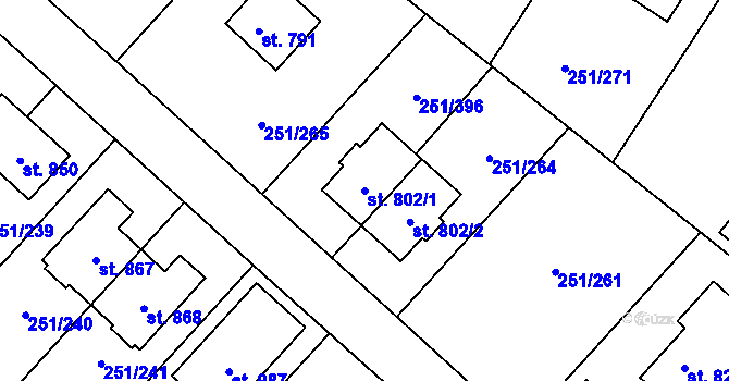Parcela st. 802/1 v KÚ Losiná u Plzně, Katastrální mapa