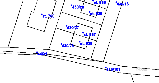Parcela st. 938 v KÚ Losiná u Plzně, Katastrální mapa