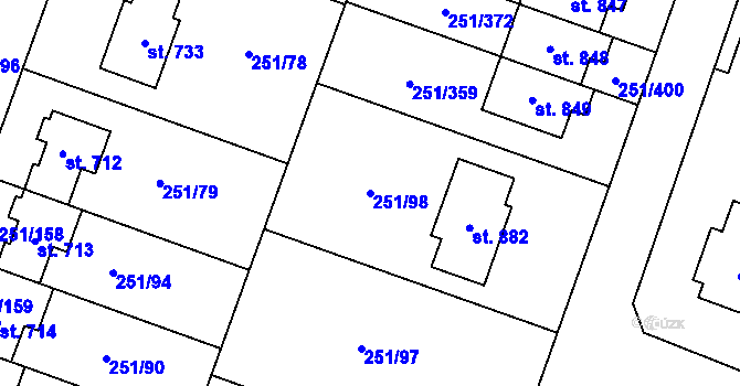 Parcela st. 251/98 v KÚ Losiná u Plzně, Katastrální mapa