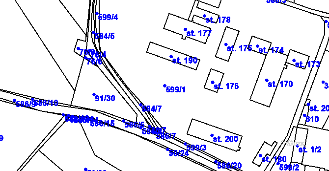 Parcela st. 599/1 v KÚ Lošany, Katastrální mapa