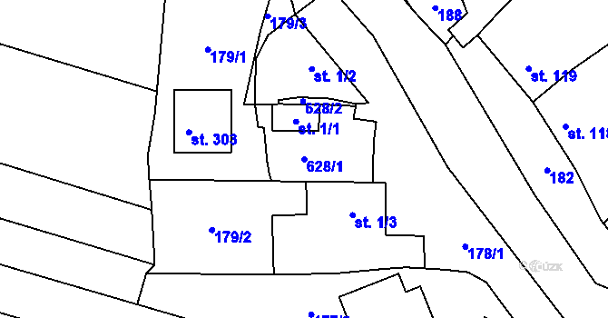 Parcela st. 628/1 v KÚ Loučany na Hané, Katastrální mapa