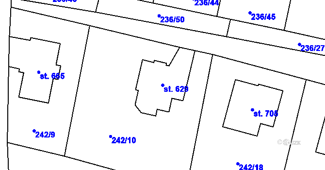 Parcela st. 629 v KÚ Loučeň, Katastrální mapa