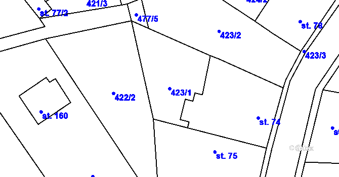 Parcela st. 423/1 v KÚ Patřín, Katastrální mapa