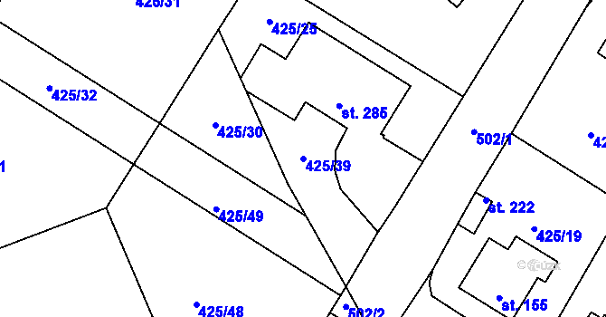 Parcela st. 425/39 v KÚ Patřín, Katastrální mapa