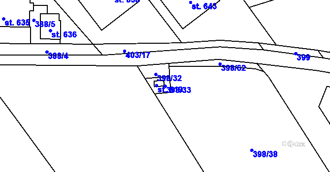 Parcela st. 398/33 v KÚ Patřín, Katastrální mapa