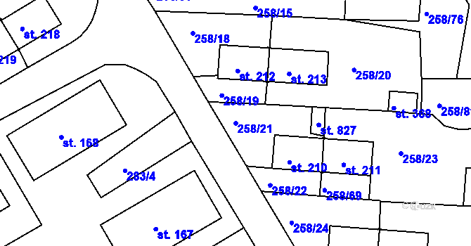 Parcela st. 258/21 v KÚ Loučovice, Katastrální mapa