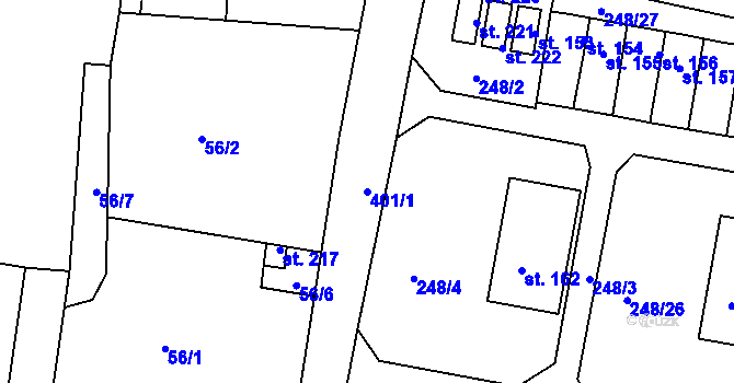 Parcela st. 401/1 v KÚ Lounky, Katastrální mapa