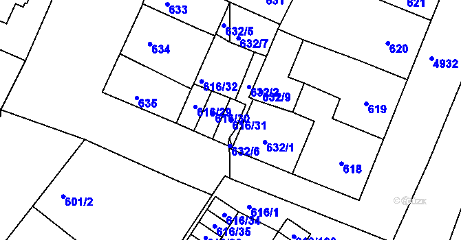 Parcela st. 616/31 v KÚ Louny, Katastrální mapa