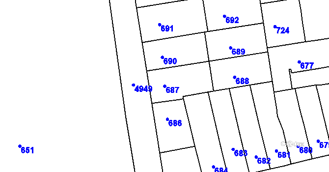 Parcela st. 687 v KÚ Louny, Katastrální mapa