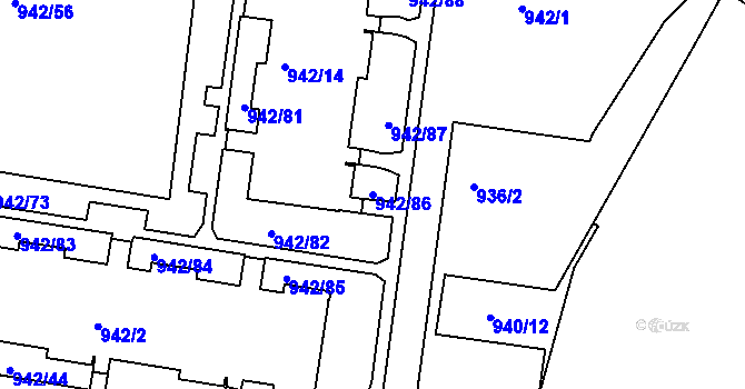 Parcela st. 942/86 v KÚ Louny, Katastrální mapa