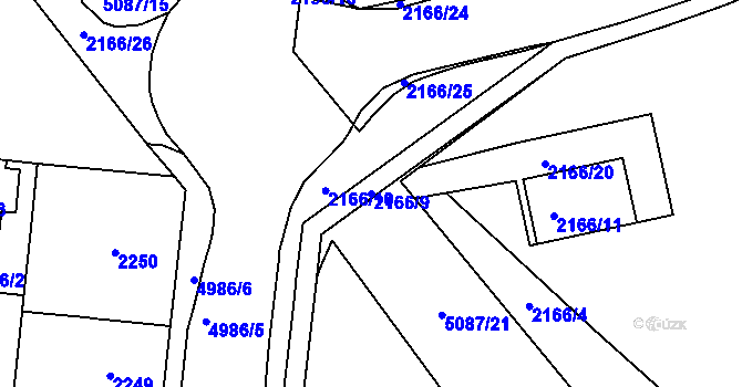 Parcela st. 2166/9 v KÚ Louny, Katastrální mapa