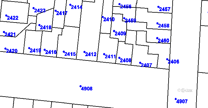 Parcela st. 2411 v KÚ Louny, Katastrální mapa