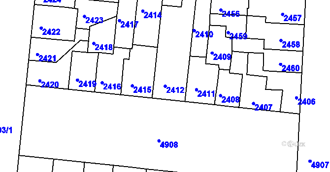 Parcela st. 2412 v KÚ Louny, Katastrální mapa