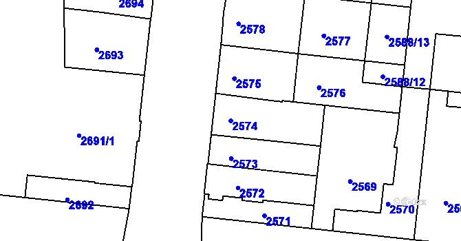 Parcela st. 2574 v KÚ Louny, Katastrální mapa