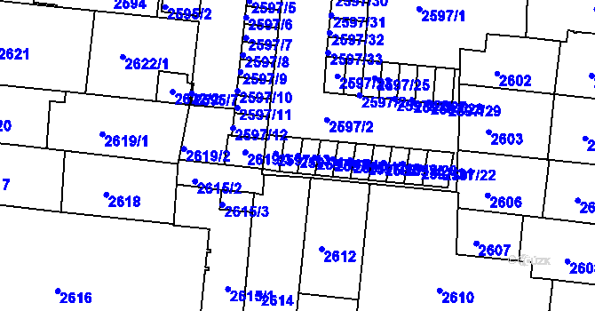 Parcela st. 2597/14 v KÚ Louny, Katastrální mapa
