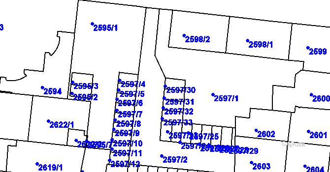 Parcela st. 2597/30 v KÚ Louny, Katastrální mapa