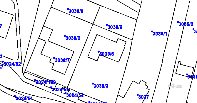 Parcela st. 3038/6 v KÚ Louny, Katastrální mapa
