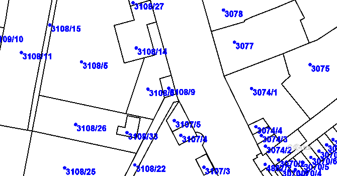 Parcela st. 3108/9 v KÚ Louny, Katastrální mapa