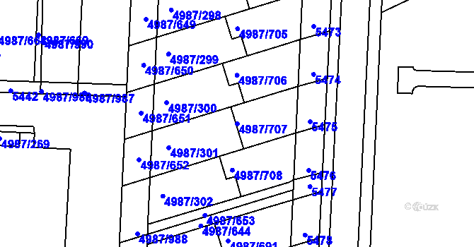 Parcela st. 4987/707 v KÚ Louny, Katastrální mapa